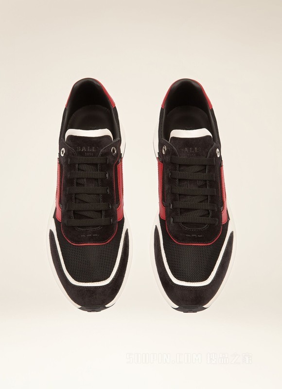 Demmy 黑色、白色拼红色网布与皮革运动鞋
