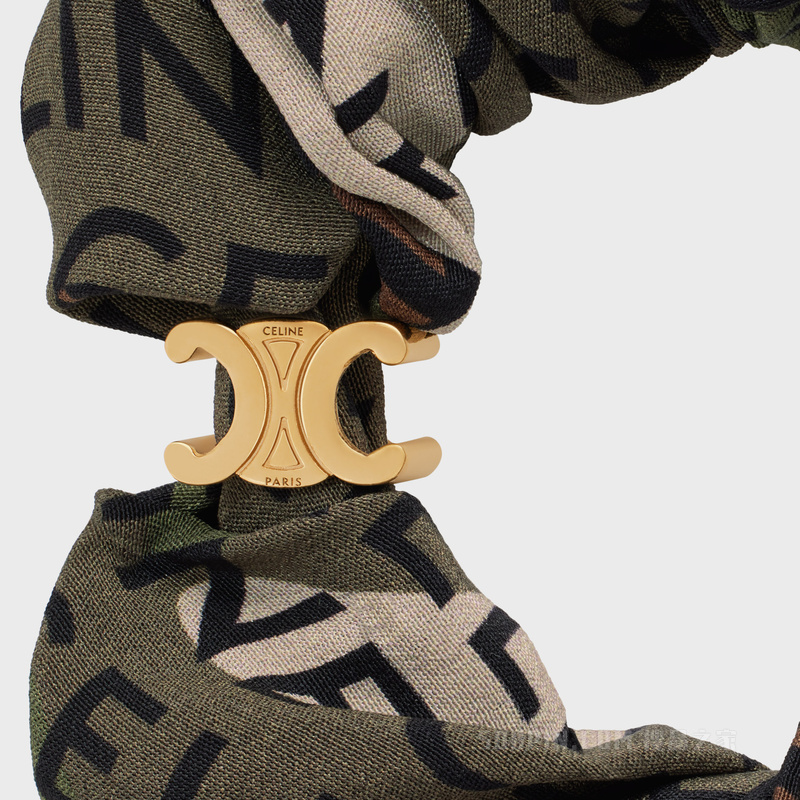 CELINE CAMOUFLAGE CELINE金色饰面黄铜和卡其色桑蚕丝发带 26519