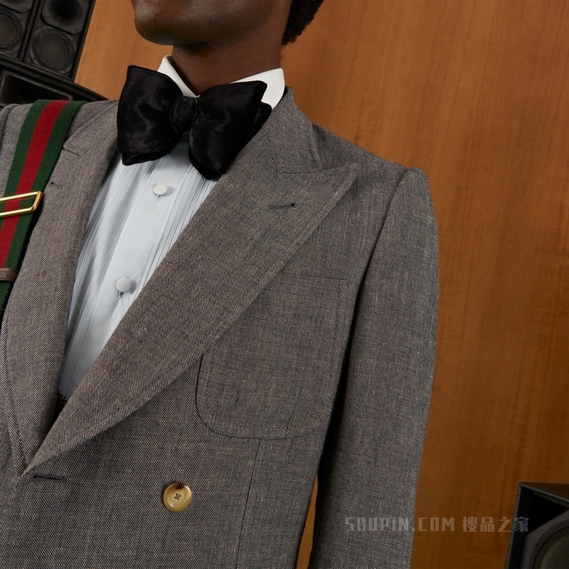 羊毛亚麻双排扣夹克 灰色