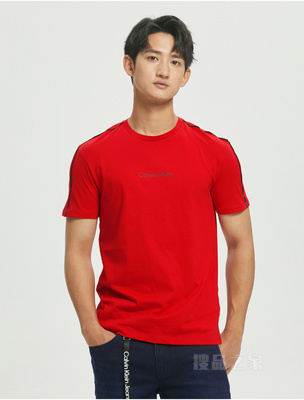 Calvin Klein 22春夏男士时尚圆领串标织带印花吸汗透气短袖T恤40HC212