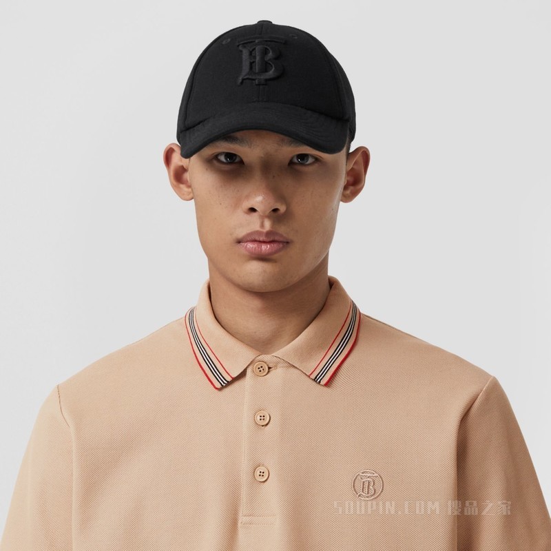 标志性条纹衣领珠地网眼布棉质 Polo 衫 (柔黄褐色) - 男士