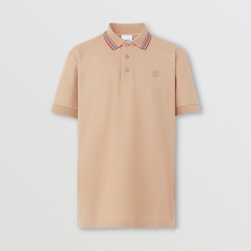 标志性条纹衣领珠地网眼布棉质 Polo 衫 (柔黄褐色) - 男士
