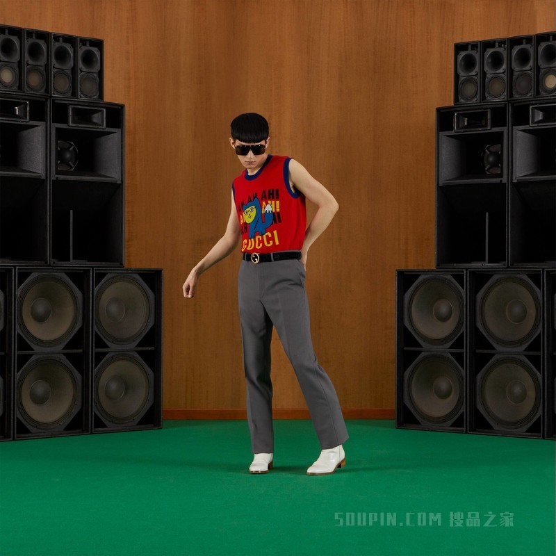 Gucci小浣熊嵌花羊毛马甲 红色