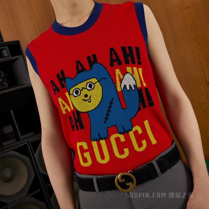 Gucci小浣熊嵌花羊毛马甲 红色