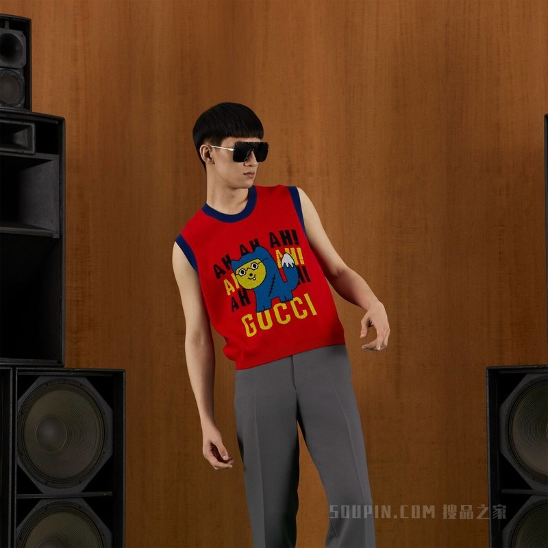 Gucci小浣熊嵌花羊毛马甲 红色