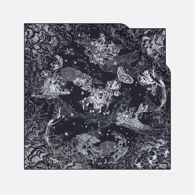 Dior 印花方巾 海军蓝色和白色桑蚕丝斜纹面料 Zodiac 茹伊印花