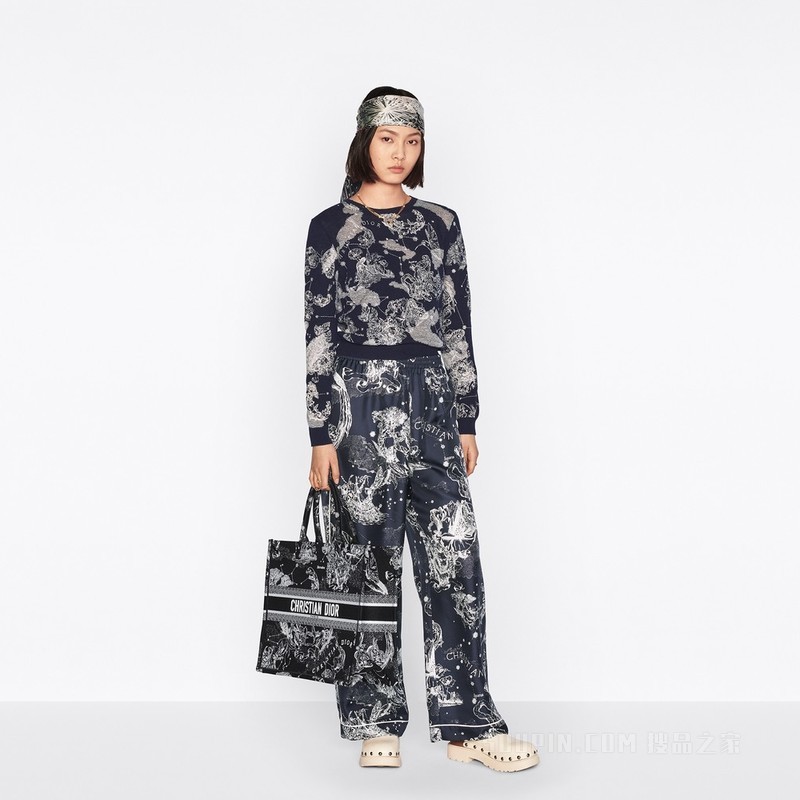 Dior Chez Moi 长裤 深蓝色桑蚕丝斜纹面料 Zodiac 茹伊印花