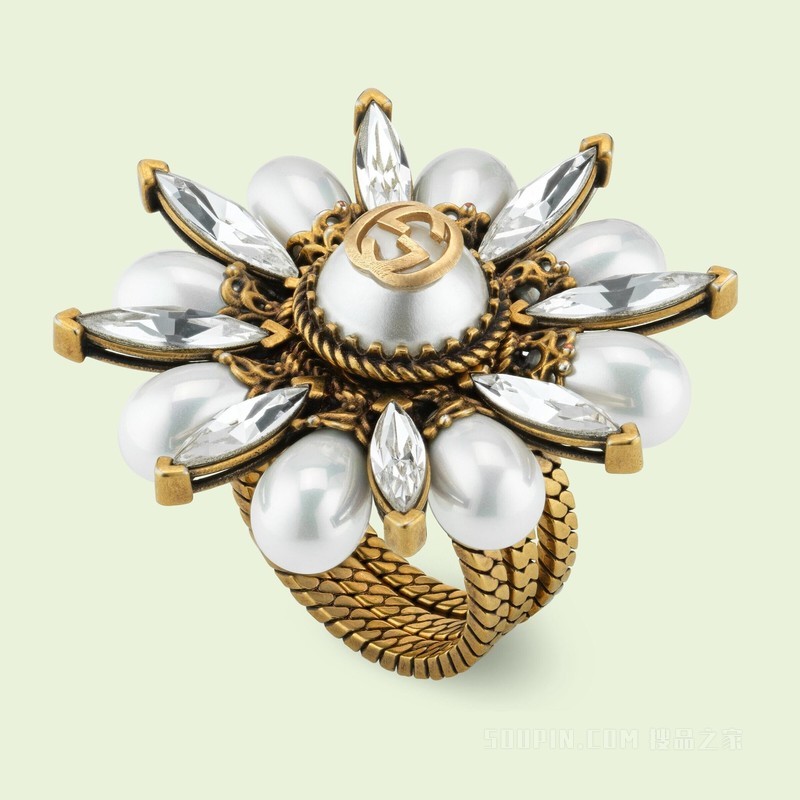 互扣式双G花朵戒指 金色调金属