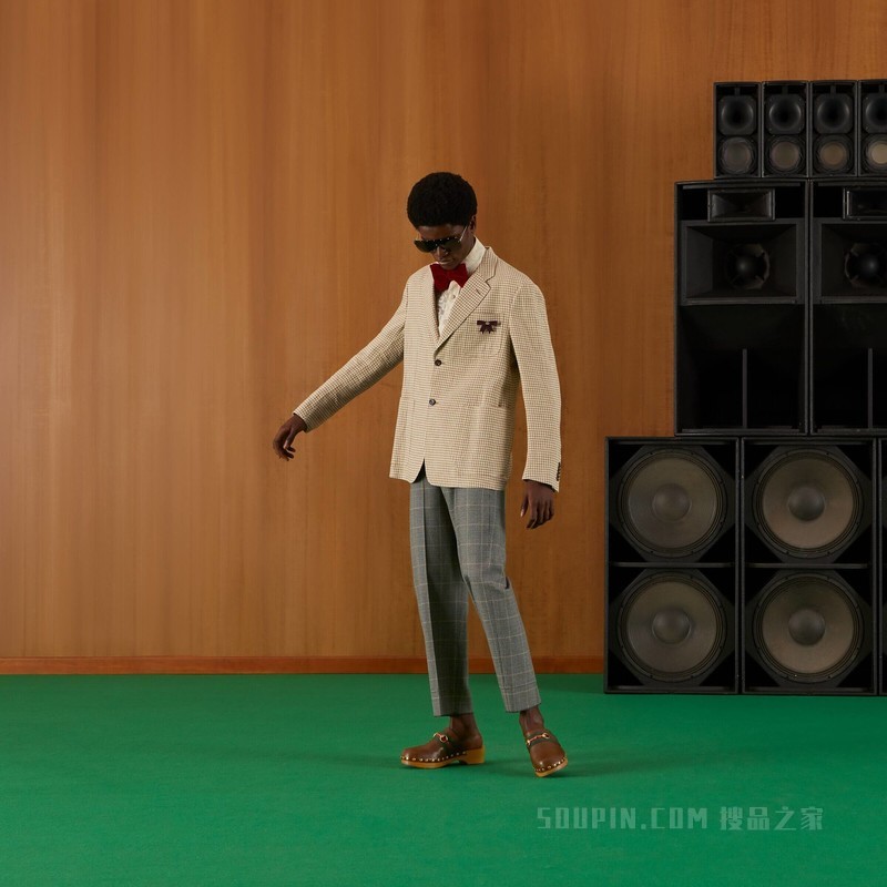 格纹羊毛九分裤 米色和黑色