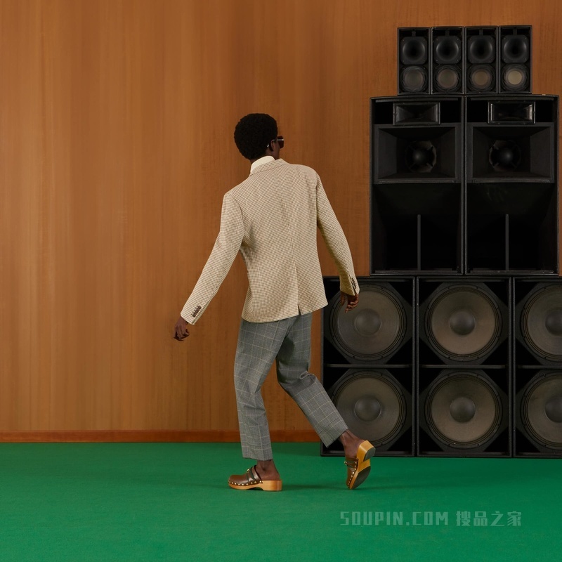 格纹羊毛九分裤 米色和黑色