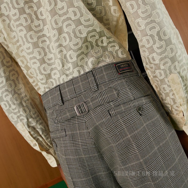 格纹羊毛九分裤 米色和黑色