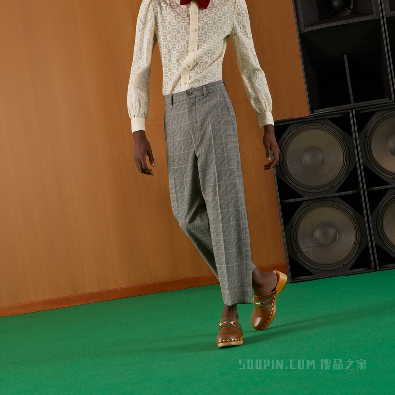 格纹羊毛九分裤 米色和黑色