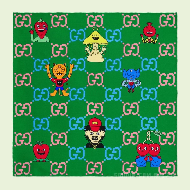 GG emoji印花真丝口袋方巾 绿色
