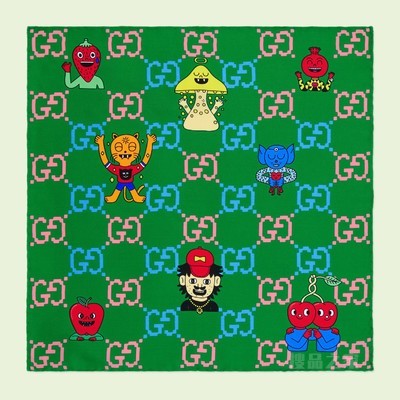 GG emoji印花真丝口袋方巾 绿色