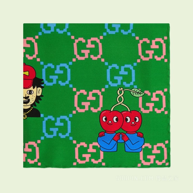 GG emoji印花真丝口袋方巾 绿色