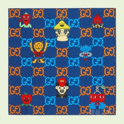 GG emoji印花真丝口袋方巾 宝蓝色