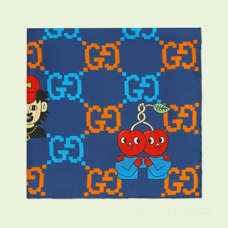 GG emoji印花真丝口袋方巾 宝蓝色