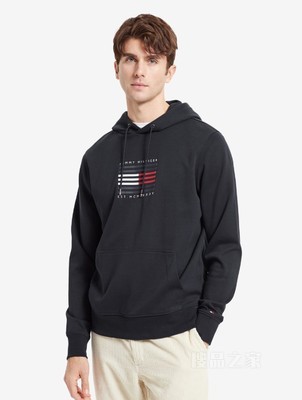 HILFIGER 男装时尚棉质LOGO印花抽绳连帽卫衣MW0MW15478
