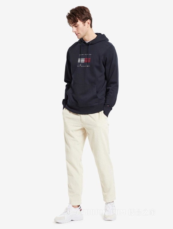 HILFIGER 男装时尚棉质LOGO印花抽绳连帽卫衣MW0MW15478