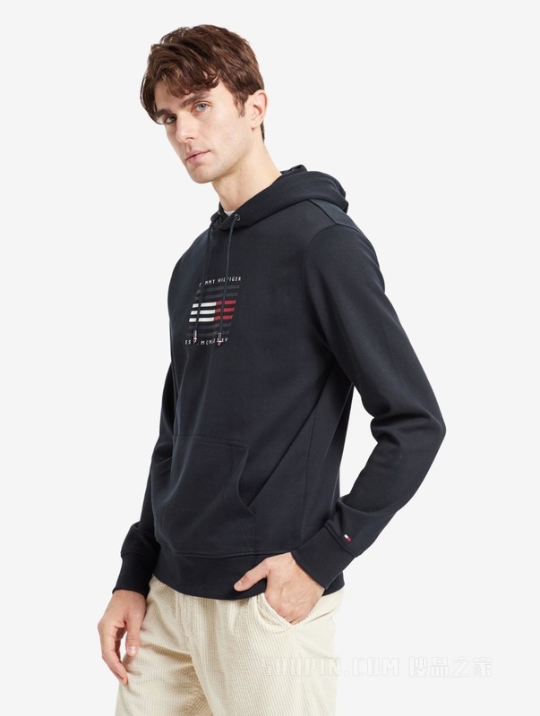 HILFIGER 男装时尚棉质LOGO印花抽绳连帽卫衣MW0MW15478