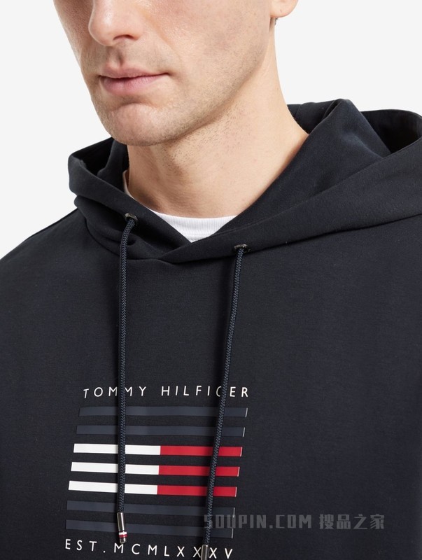 HILFIGER 男装时尚棉质LOGO印花抽绳连帽卫衣MW0MW15478