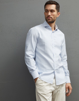 牛津布衬衫 一字领条纹衬衫，棉与莱赛尔混纺牛津布，瘦身版型