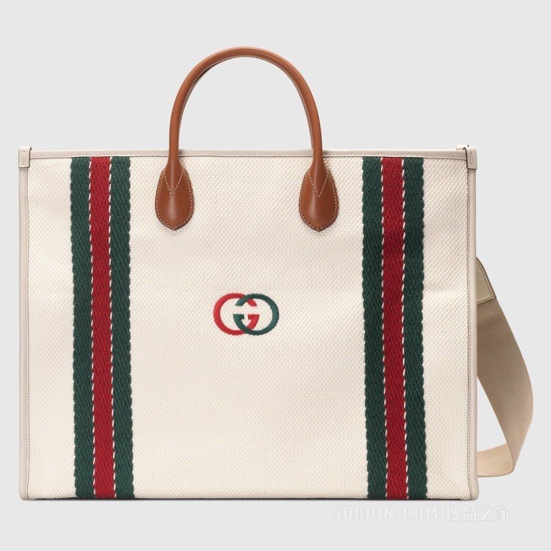 互扣式双G中号托特包 白色帆布