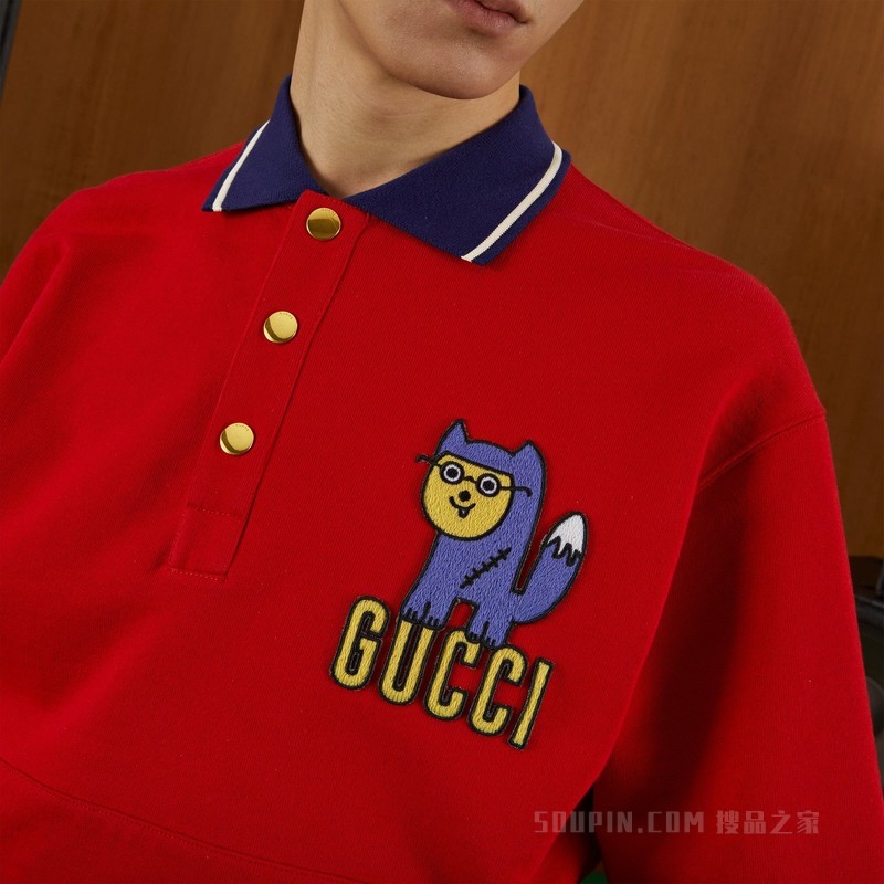 Gucci小浣熊贴饰棉质Polo衫 红色