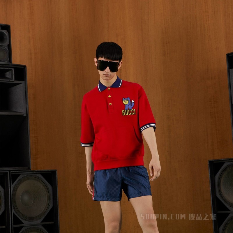 Gucci小浣熊贴饰棉质Polo衫 红色