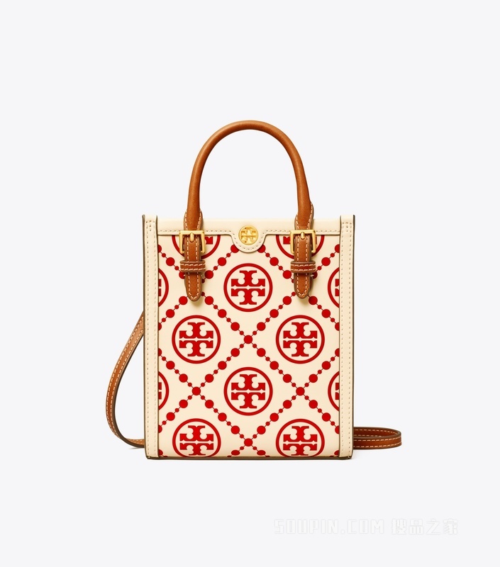 【七夕甄选】T Monogram 迷你压花托特包 奶油白/Tory 红