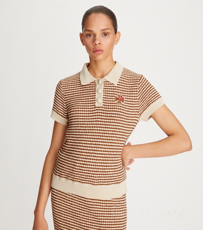 【七夕甄选】爱心 Logo 钩编针织 Polo 衫 中调棕糖色/奶油白
