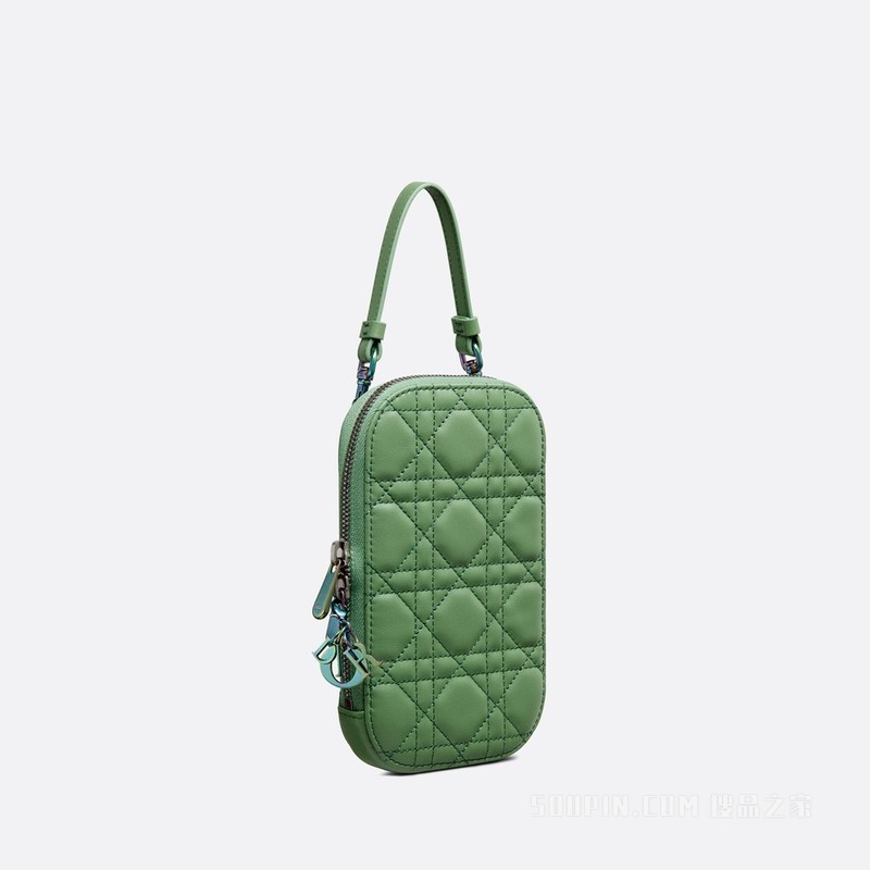 Lady Dior 手机袋 玉石绿羊皮革藤格纹
