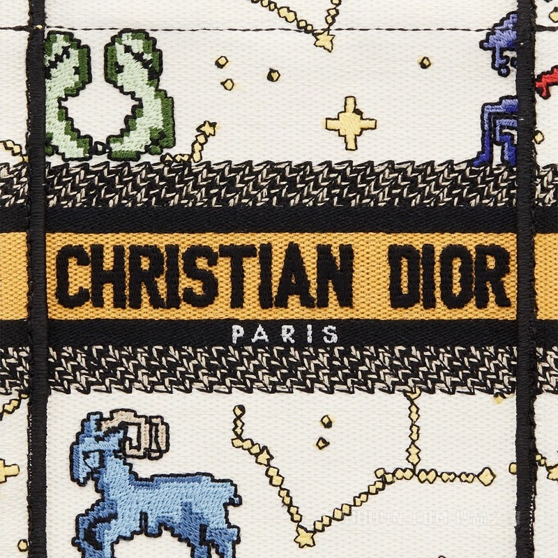 迷你 Book Tote 手机袋 奶白色面料多色 Dior Pixel Zodiac 图案刺绣 (13 x 18 x 5 cm)