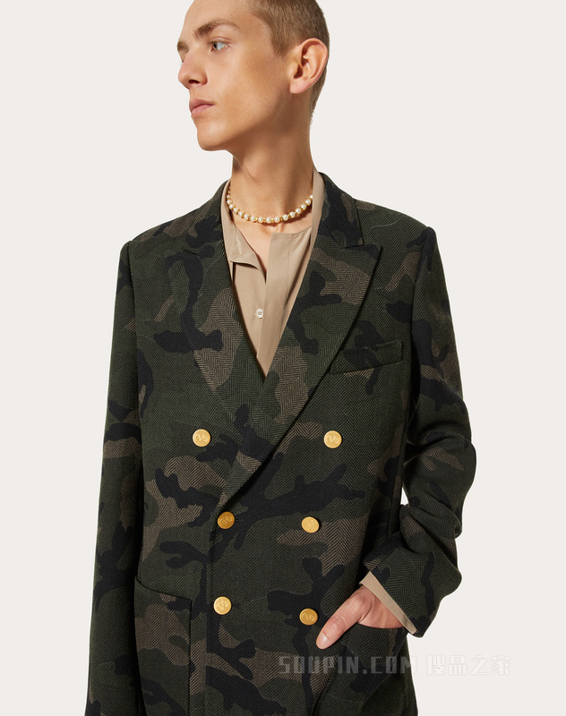 CAMOUFLAGE迷彩印花双排扣羊毛外套