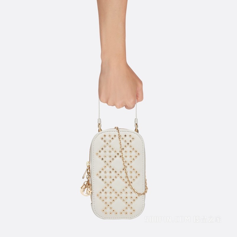 Lady Dior 手机袋 奶白色羊皮革星星图案藤格纹