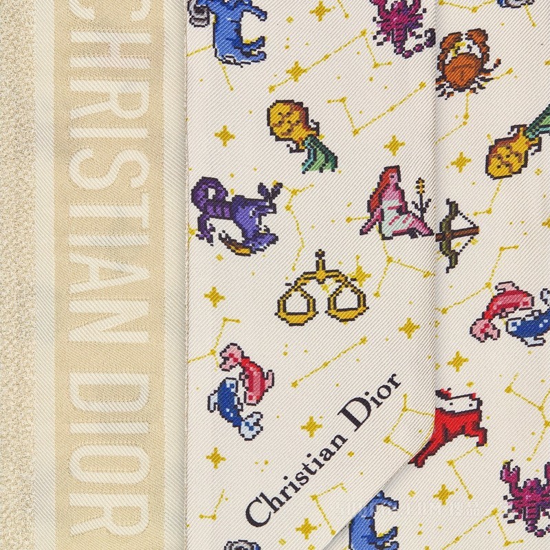 Mitzah 丝巾 白色桑蚕丝斜纹面料多色 Dior Zodiac Pixel 印花