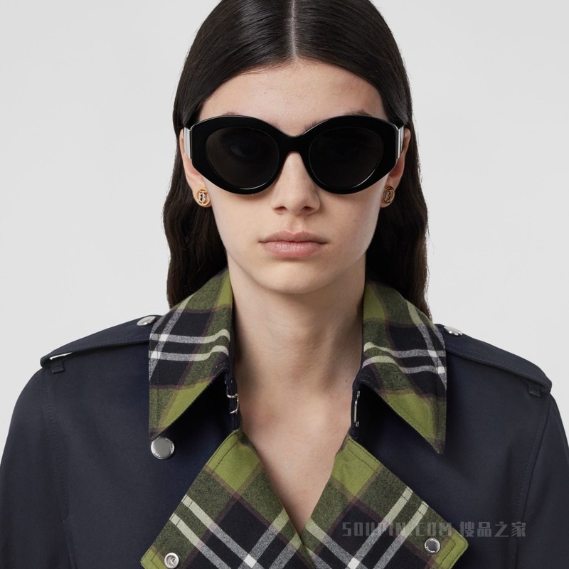 格纹裁片棉质嘎巴甸 Trench 风衣 (煤蓝色) - 女士