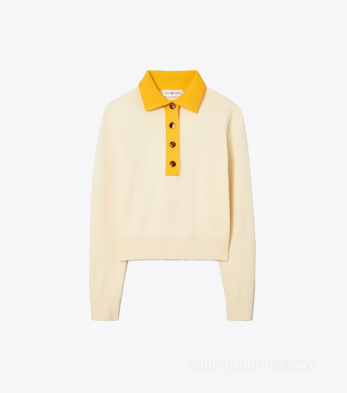 撞色衣领长袖 Polo 衫 奶油白/芒果黄