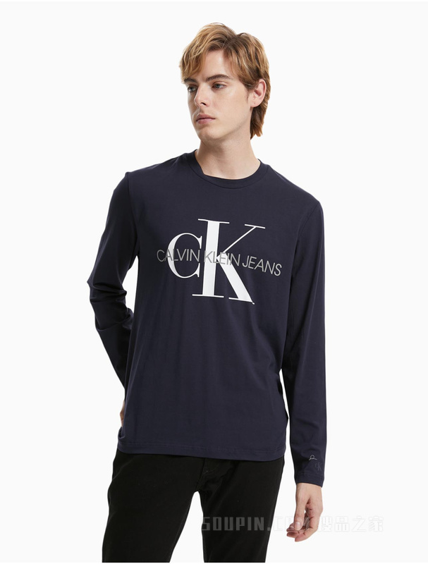 Calvin Klein 男款休闲简约交叠印花LOGO舒适打底长袖T恤J318473