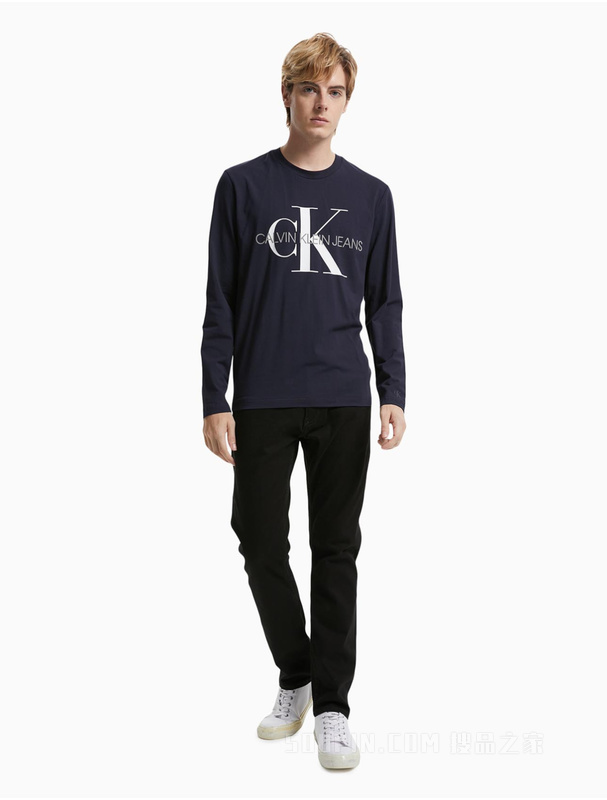 Calvin Klein 男款休闲简约交叠印花LOGO舒适打底长袖T恤J318473