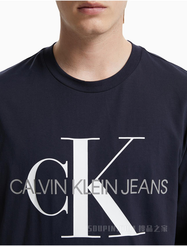 Calvin Klein 男款休闲简约交叠印花LOGO舒适打底长袖T恤J318473