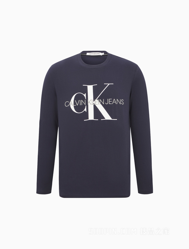 Calvin Klein 男款休闲简约交叠印花LOGO舒适打底长袖T恤J318473