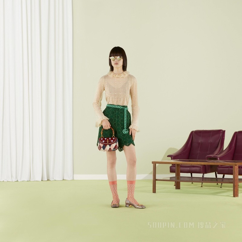 Gucci Lovelight系列饰“Gucci Loved”字样蕾丝上衣 浅米色