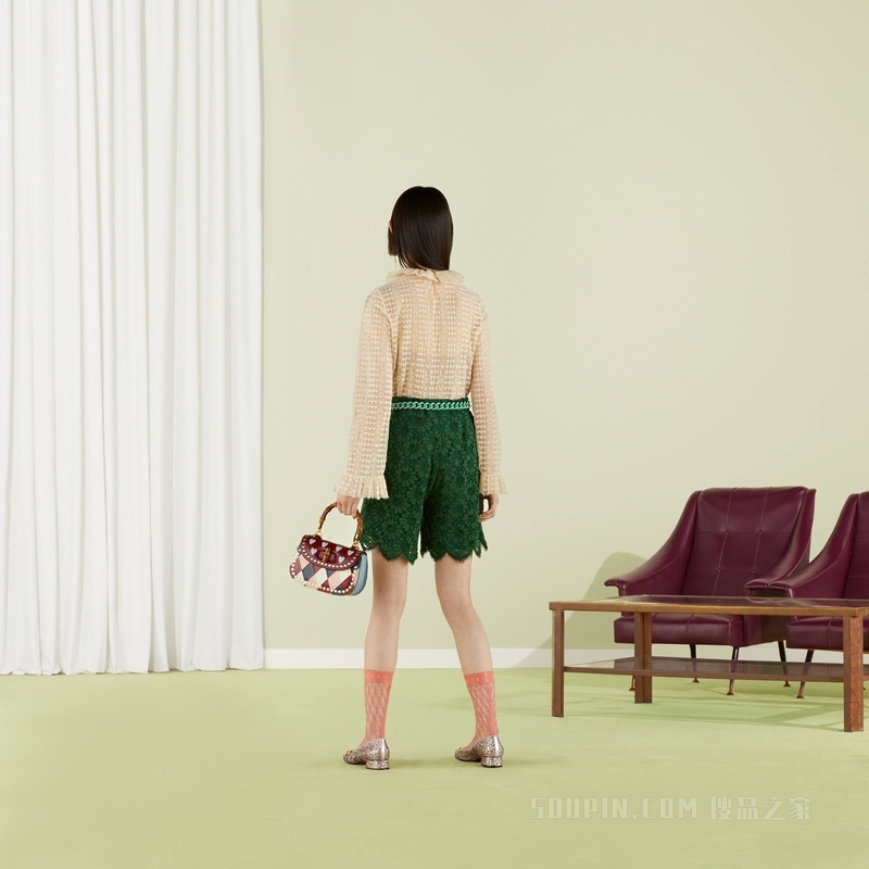 Gucci Lovelight系列饰“Gucci Loved”字样蕾丝上衣 浅米色