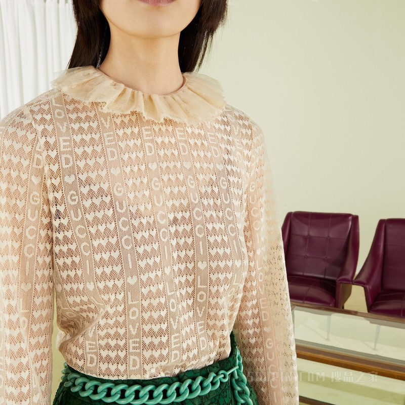 Gucci Lovelight系列饰“Gucci Loved”字样蕾丝上衣 浅米色