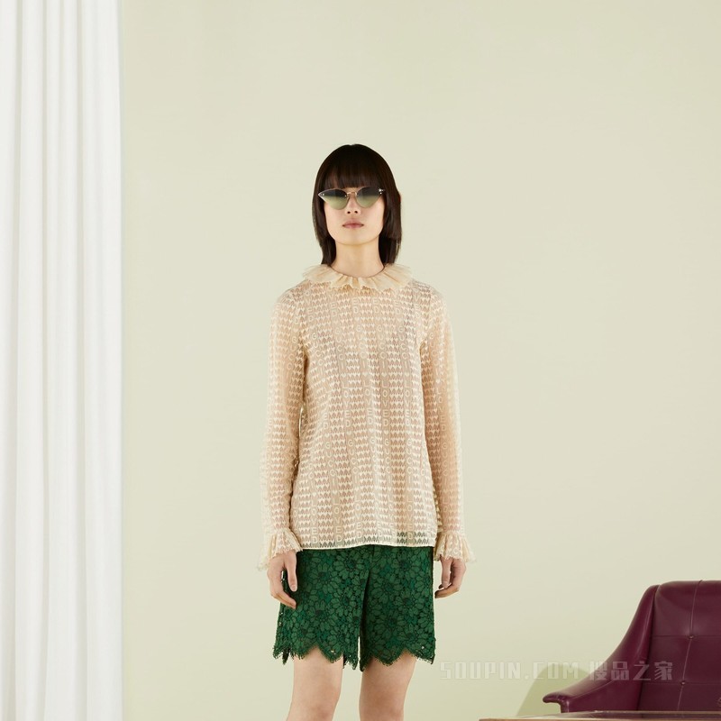 Gucci Lovelight系列饰“Gucci Loved”字样蕾丝上衣 浅米色