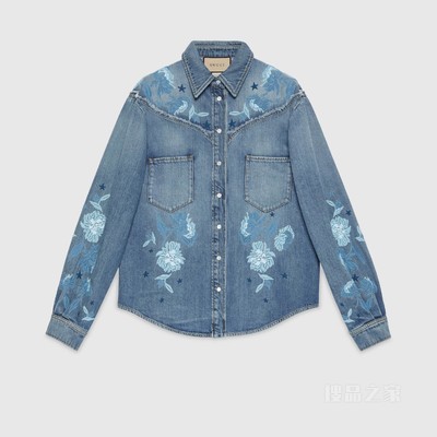 Gucci Lovelight系列刺绣牛仔T恤 蓝色