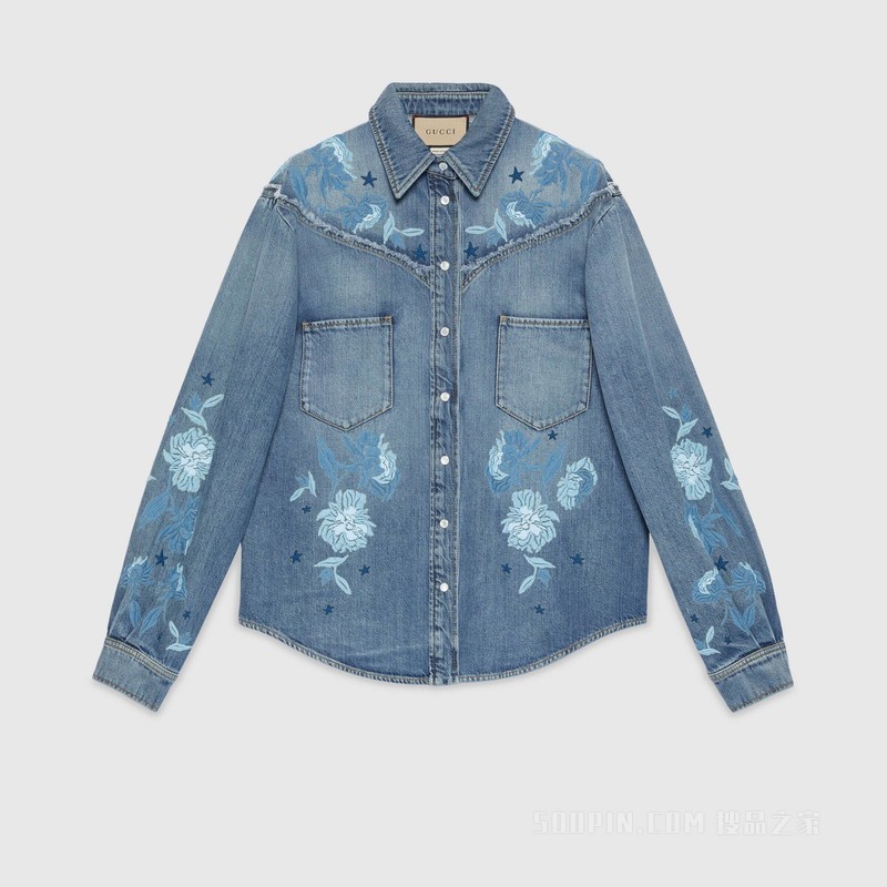 Gucci Lovelight系列刺绣牛仔T恤 蓝色