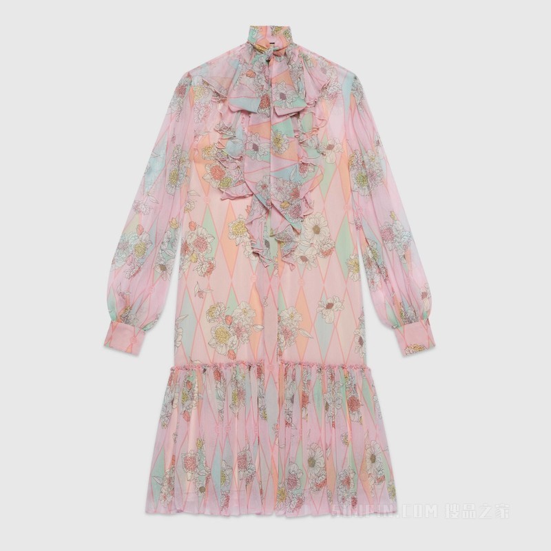 Gucci Lovelight系列印花真丝连衣裙 浅粉色