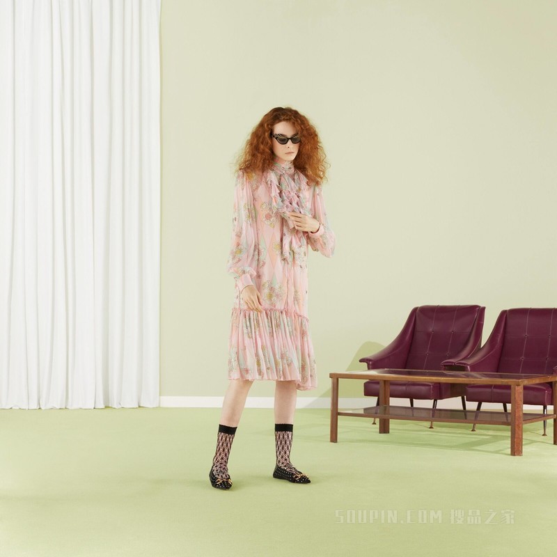 Gucci Lovelight系列印花真丝连衣裙 浅粉色
